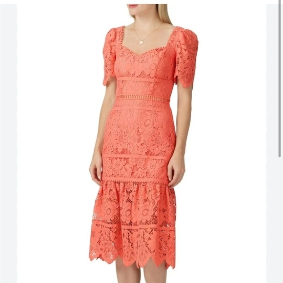 Saylor Louisa Lace Midi Dress Womens Small Short Sleeves Floral Pink milkmaid - Picture 1 of 8